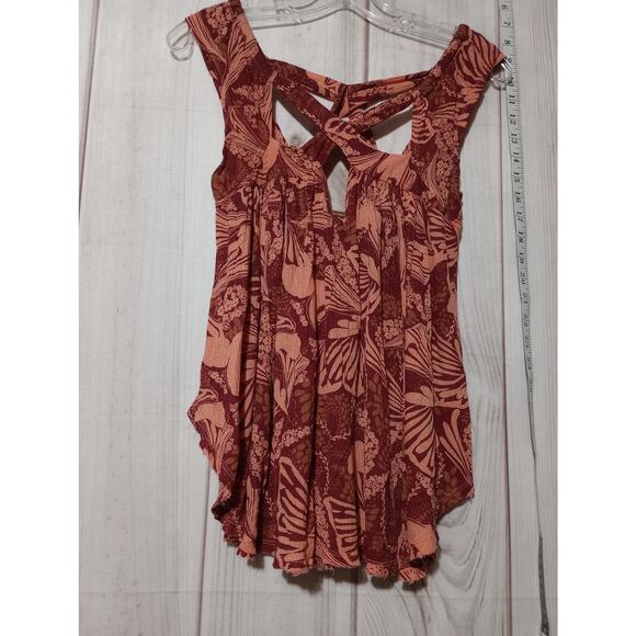 Free People Tank Top Womens Small Red Orange Floral Boho Raw Distress Hem Rayon - Picture 1 of 7
